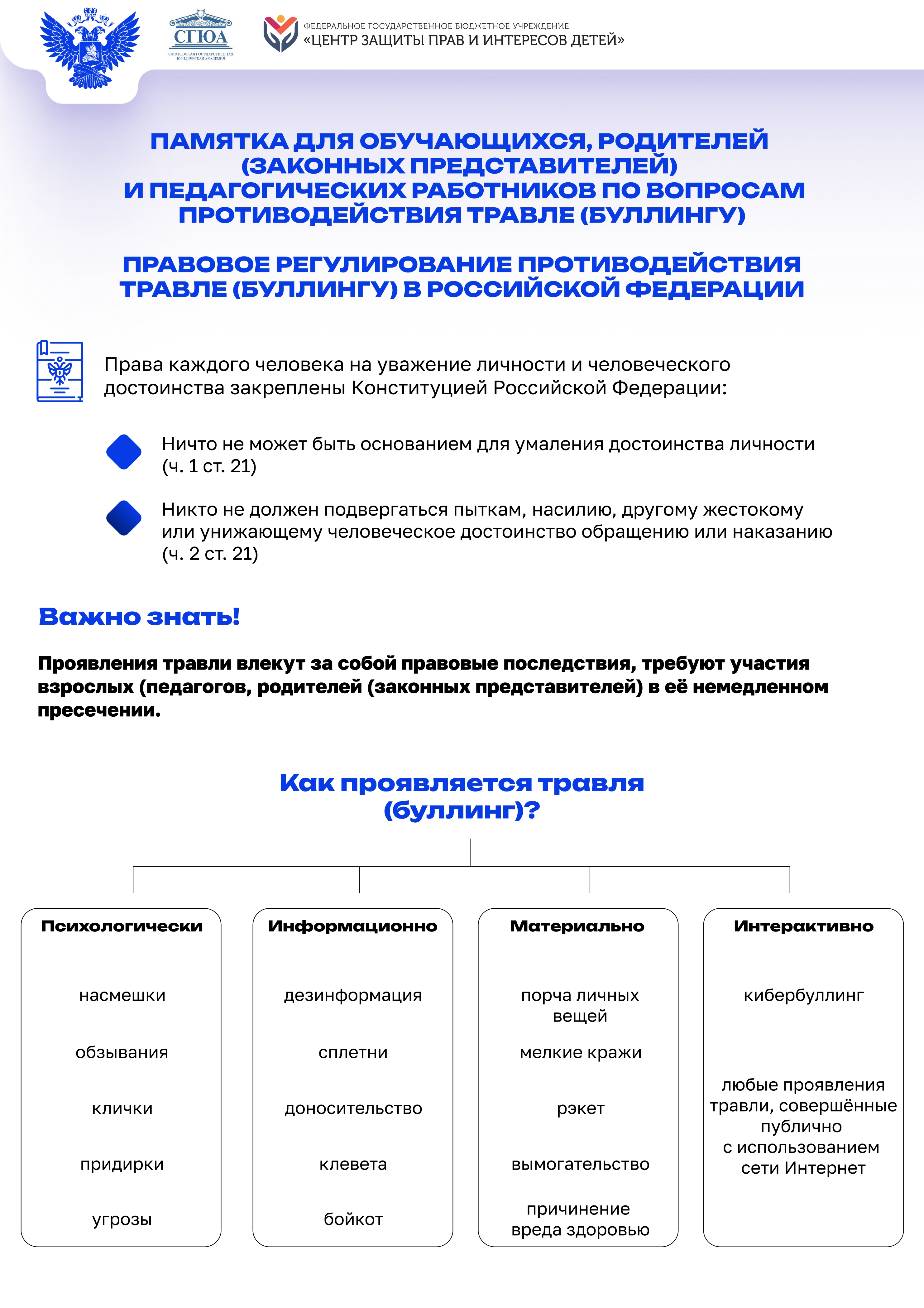 ПАМЯТКА ДЛЯ ОБУЧАЮЩИХСЯ, РОДИТЕЛЕЙ  (ЗАКОННЫХ ПРЕДСТАВИТЕЛЕЙ)    И ПЕДАГОГИЧЕСКИХ РАБОТНИКОВ ПО ВОПРОСАМ  ПРОТИВОДЕЙСТВИЯ ТРАВЛЕ (БУЛЛИНГУ).
